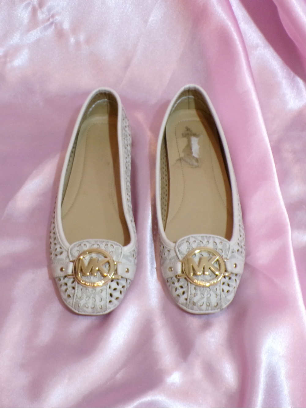 Michael Kors Ivory Laser-Cut Leather Ballet Flats with Gold MK Emblem